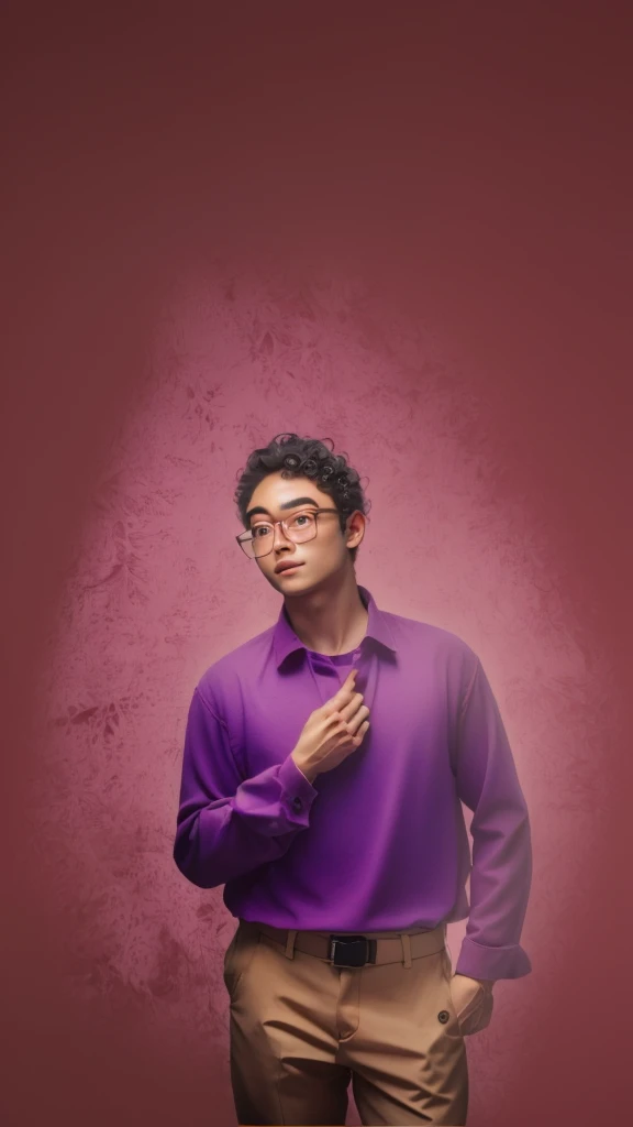 man, glasses, curly hair, purple shirt