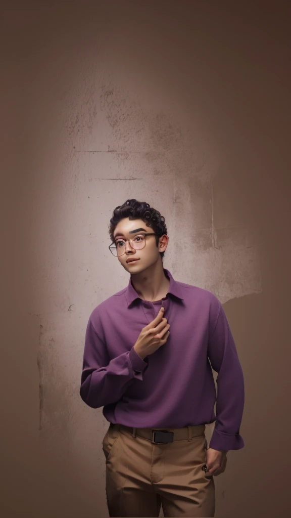 man, glasses, curly hair, purple shirt