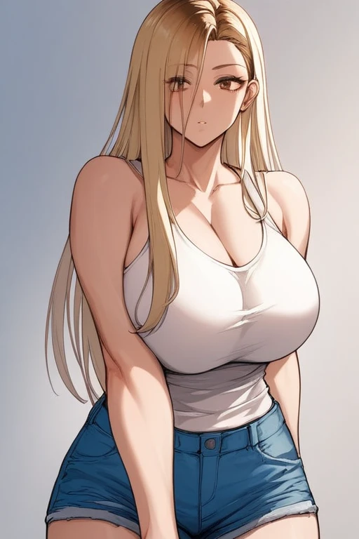 score_9, score_8_superior, score_7_superior, Hi、he, Brown eyes, Blonde, Multicolored Hair, Long Hair, Huge breasts, White tank top, Bare shoulders, clavicle, No sleeve, Blue Denim Shorts, Are standing,