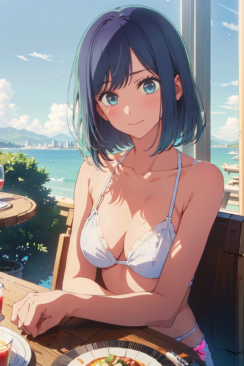 Highest quality,8k,detailed,F cup bust、、Very cute face、Slim and beautiful arms、Slim body、Very white beautiful skin、((((1 person、looking at the camera、smile、Thin white bikini、smile、sit、In the background are the skyscrapers of Tokyo city、Outdoor café terrace、Drink juice、Cheek resting on hand、coastal、table、Shooting from a distance))))、I can see the deep blue sky、She tilted her head slightly、The atmosphere is bright and lively、The woman is at the center of the image。