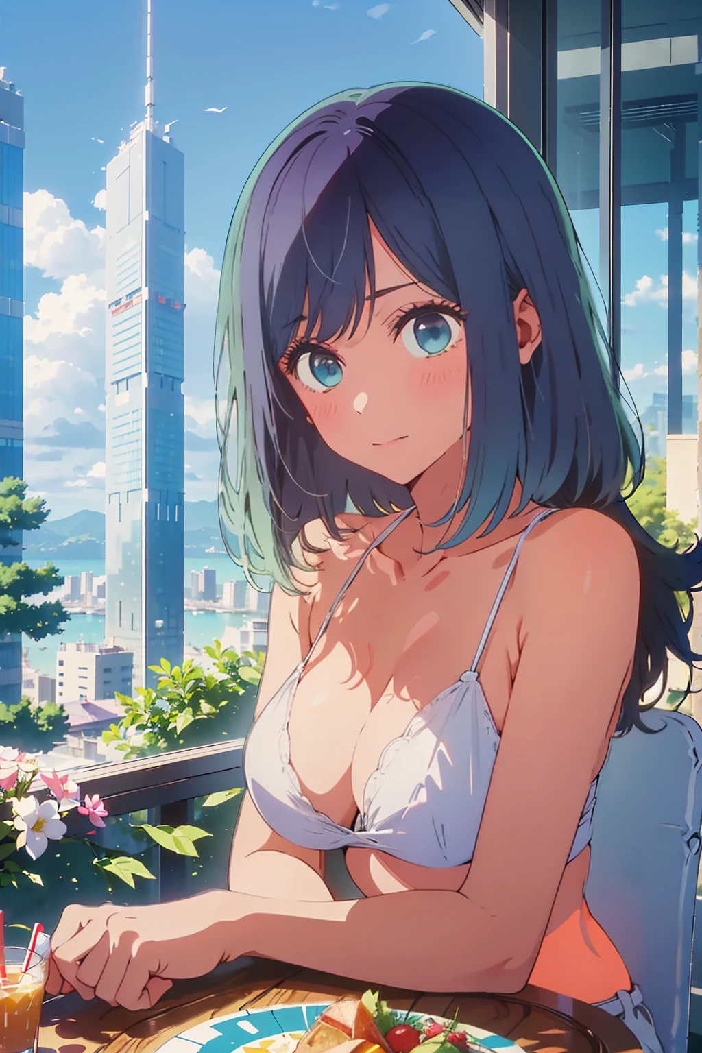Highest quality,8k,detailed,F cup bust、Big Breasts、Very cute face、Slim and beautiful arms、Slim body、Very white beautiful skin、((((1 person、looking at the camera、smile、Thin white bikini、smile、sit、In the background are the skyscrapers of Tokyo city、Outdoor café terrace、Drink juice、Cheek resting on hand、coastal、table、Shooting from a distance))))、I can see the deep blue sky、She tilted her head slightly、The atmosphere is bright and lively、The woman is at the center of the image。
