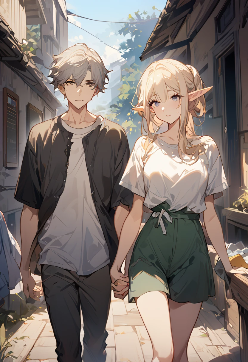 masterpiece, best quality, 8k ,4k, 2 boys, elf, long ears elf, twin elf, one dark grayish hair with dark greenish eyes, one light blond hair with dark bluish eyes, one worn out clothes, one clean clothes, holding hand, inspired by Asukaziye artist : ask, art style : ask