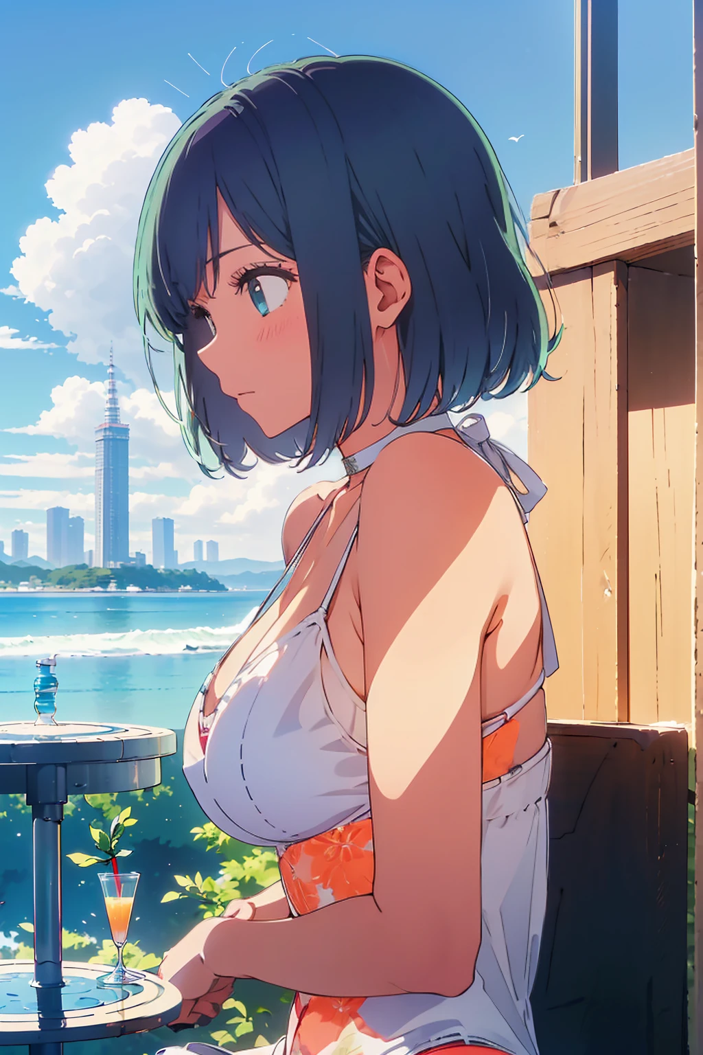 Highest quality,8k,detailed,F cup bust、Big Breasts、Very cute face、Slim and beautiful arms、Slim body、Very white beautiful skin、((((1 person、looking at the camera、smile、Thin white bikini、smile、sit、In the background are the skyscrapers of Tokyo city、Outdoor café terrace、Drink juice、Cheek resting on hand、coastal、table、Shooting from a distance))))、I can see the deep blue sky、She tilted her head slightly、The atmosphere is bright and lively、The woman is at the center of the image。