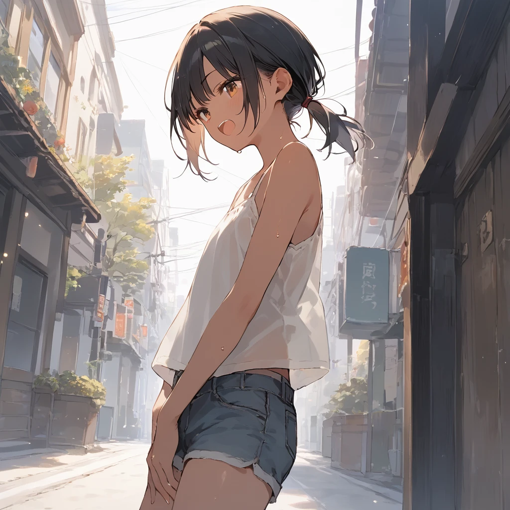 score_9, score_8_up, score_7_up, source_anime, best quality, masterpiece, official art, absurdres, highres, ultra-detailed,waifu2x,Collection: Slice of Life,break,1girl, tomboy, dark-skinned female, short hair, low ponytail, flat chest, beautiful detailed eyes, short shorts, sweat, open mouth, (yawn:0.3), sleepily, outdoors, wind, break,(clear line illustration:1.2),very high resolution, very aesthetic, super detailed skin, Best sexual lighting powered by famous artist, 8k,cute picture,beauty illustration,photoshop_(medium),,(Detailed Lighting),best anime 8k konachan wallpaper, pixiv contest winner,