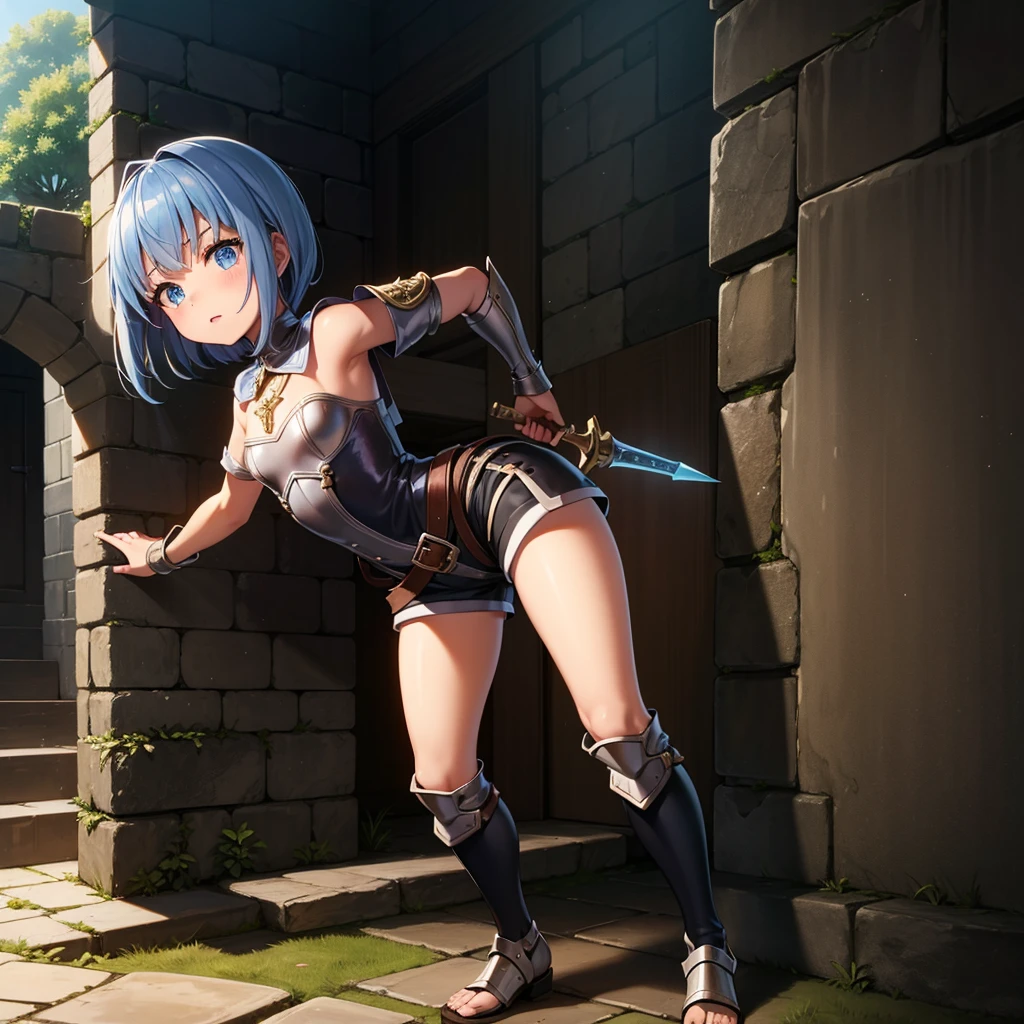 最high quality、high quality、Simple Cloth Armor、10Year-old girl adventurer、Pitch-dark underground labyrinth、No light、skirt、Equipped with a dagger and a shield, Lower body underwater, Underwater photography、浮力でskirt捲れる