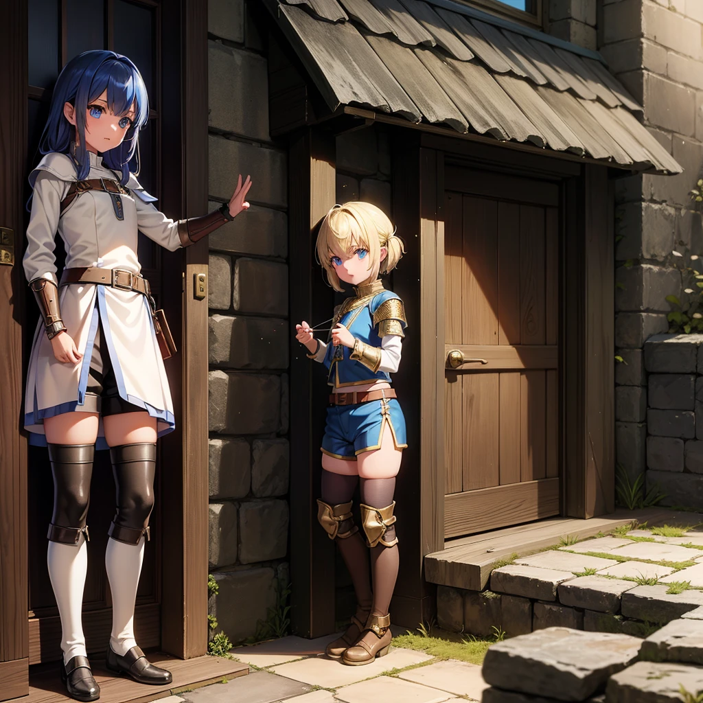 最high quality、high quality、Scalemail、１０Year-old girl adventurer、Climb the dungeon stairs、Shorts and spats、Equipped with a dagger and a leather shield、Inside the dim labyrinth