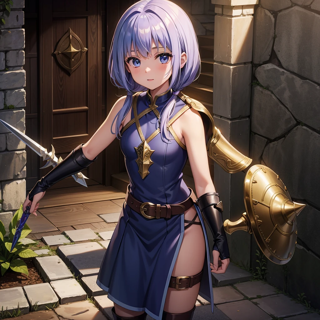 最high quality、high quality、Scalemail、10Year-old girl adventurer、Climb the dungeon stairs、Shorts and spats、Equipped with a dagger and a leather shield、Inside the dim labyrinth