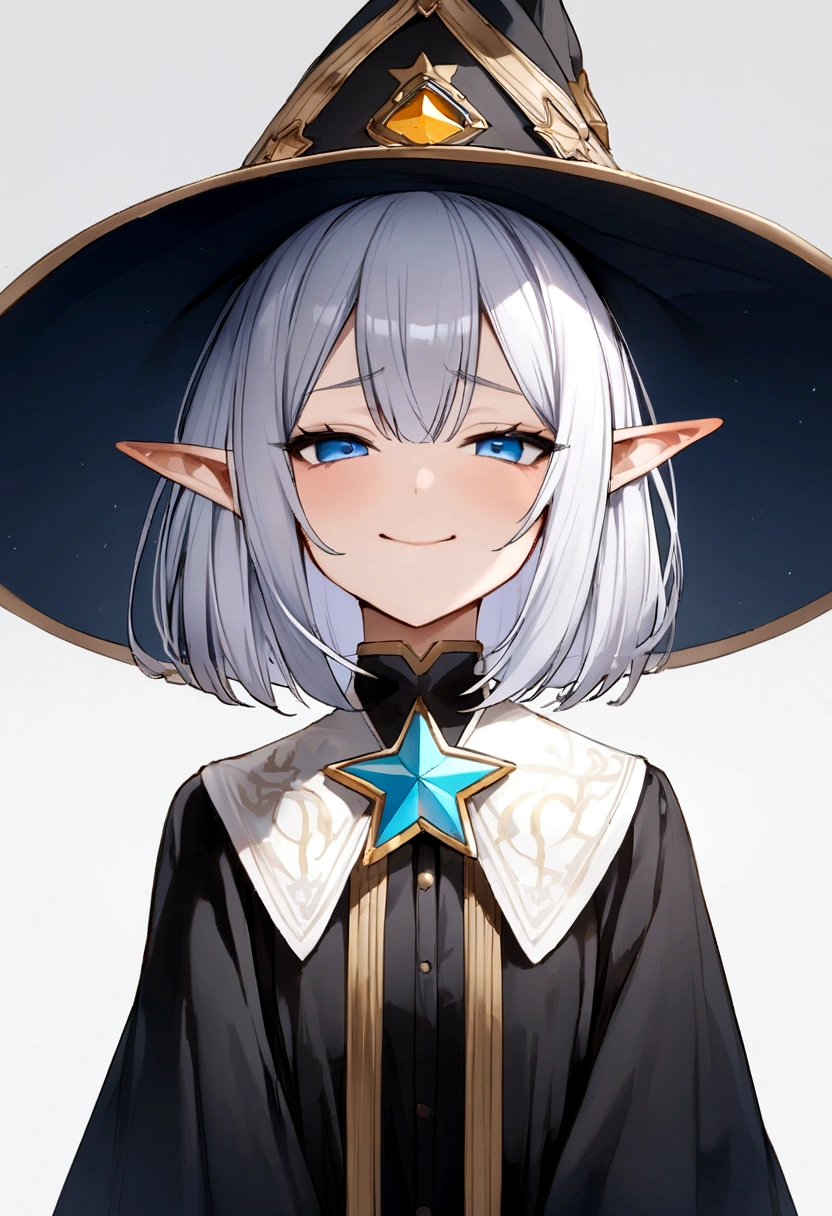 Wizard、Highest quality、masterpiece、Bob、alone、Girl in her 20s、blue eyes、Wizard、Bright silver hair、White Background、Use star magic、Big hat、Elf、Are standing、Clothes that cover the whole body、Smug face