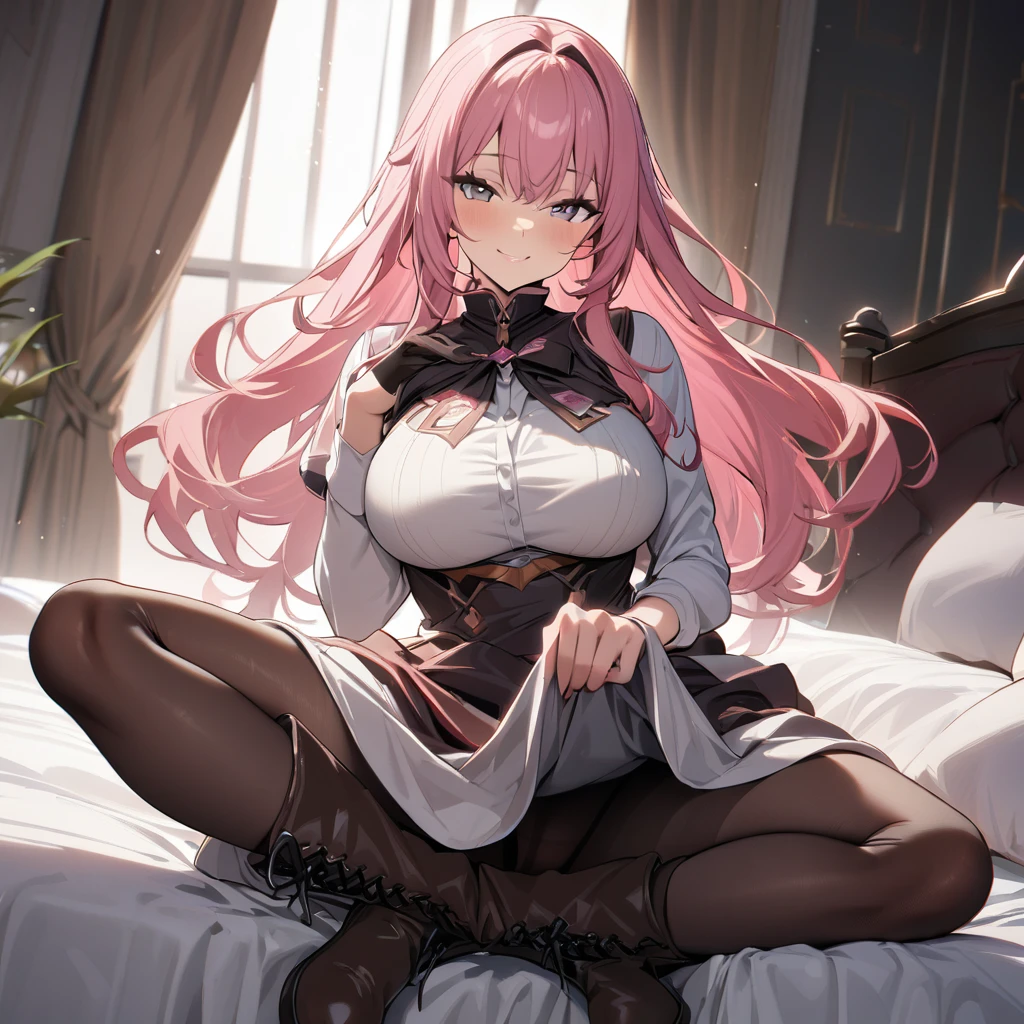 1girl, pink hair, long hair, large breasts, pantyhose, dress, smile, boots, dress lift, looking at viewer, sitting, bed, masterpiece, best quality, highres, nice hands, perfect hands