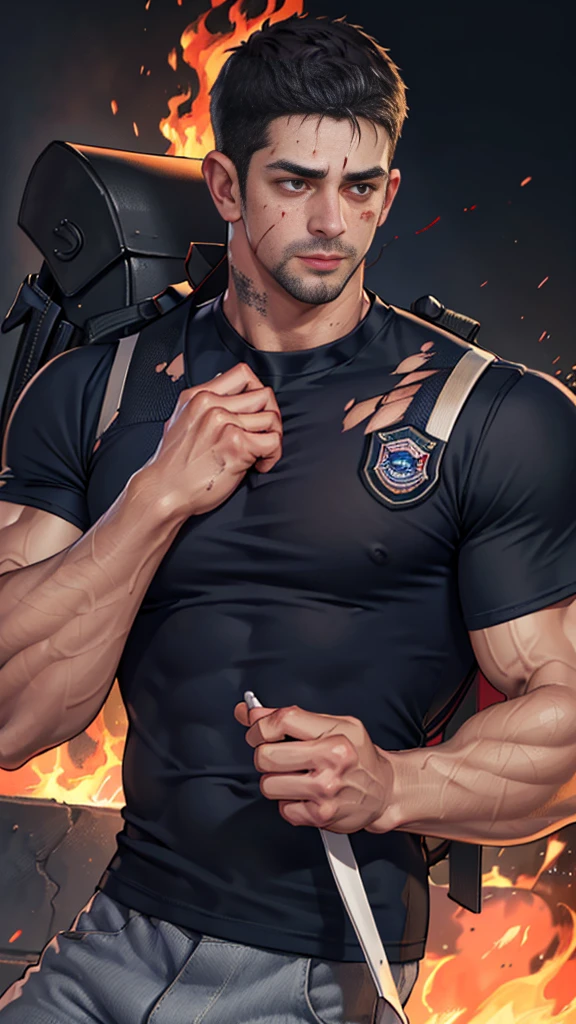 (Create a masterpiece: 1.2),(CGI art:1.3),(realistic:1.5),(After processing:1.3),(Sharp focus:1.3), (man Fight, join in battle:1.5 ), straight, front ,Chris Redfield ,(black hair), smile open mouth, (Wear color navy round neck T-shirt: 1.5), (with a Police badge: 1.2), navy cargo, (Torn shirt:1.6), (wound: 1.3) , (blood splatters) ,( abrasions on face: 1.5), (Blood stains on the face and body: 1.4), Korean guy , korean men, (High gloss details), chest muscles, large arm muscles, blood vessel, Big muscles, Broad shoulders, looking at the audience, Balancing the eyes, middle of the road , (Carrying a black backpack: 1.3) ,(Fire blazes behind)