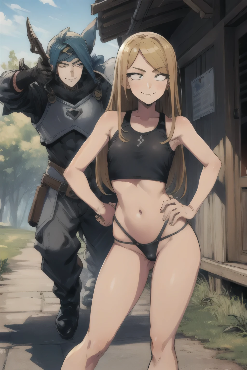 1 Girl, sexual smile, seductive look, Evileye_master, blonde hair, long hair, in a crop top and thong, body, sexual, young, adult, full body, outside, Magic, action, summoners, ((detailed)), ((Best quality)), ((masterpiece)), (hires, a high resolution:1.3), Beautiful face, standing straight