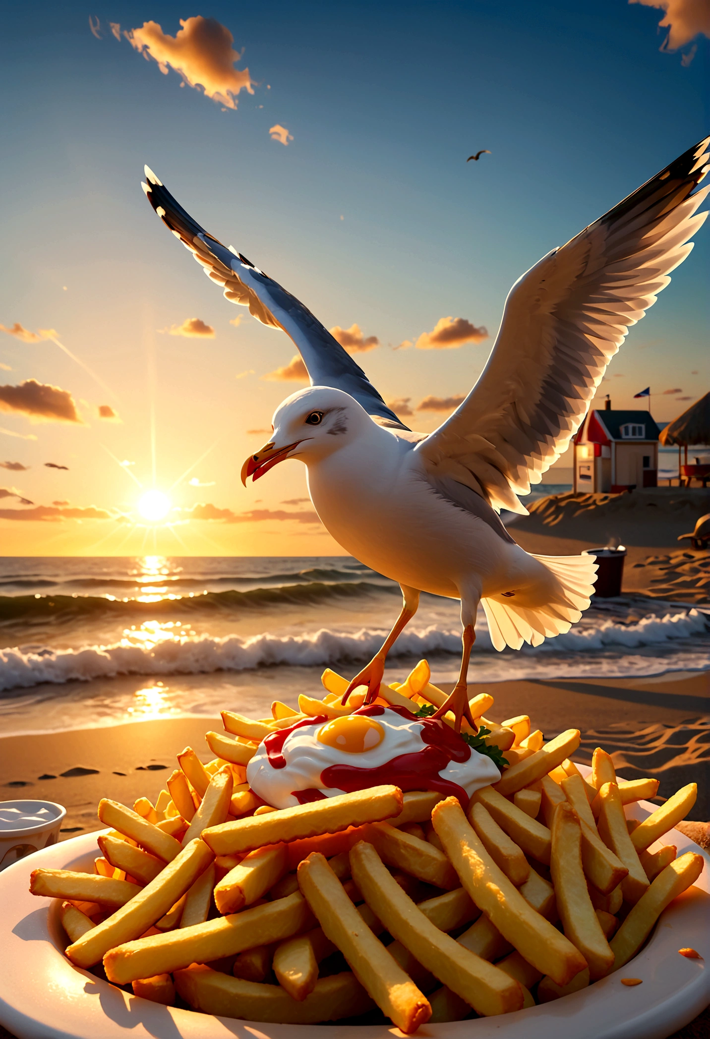 Seagull and Fries, seagull, french fries, beach, sunset, dramatic sky, ocean waves, sandy shore, food on the beach, hungry seagull, seagull reaching for fries, detailed seagull, detailed french fries, 8k, highly detailed, vivid colors, dramatic lighting, cinematic, golden hour, masterpiece, best quality, very aesthetic, absurdres