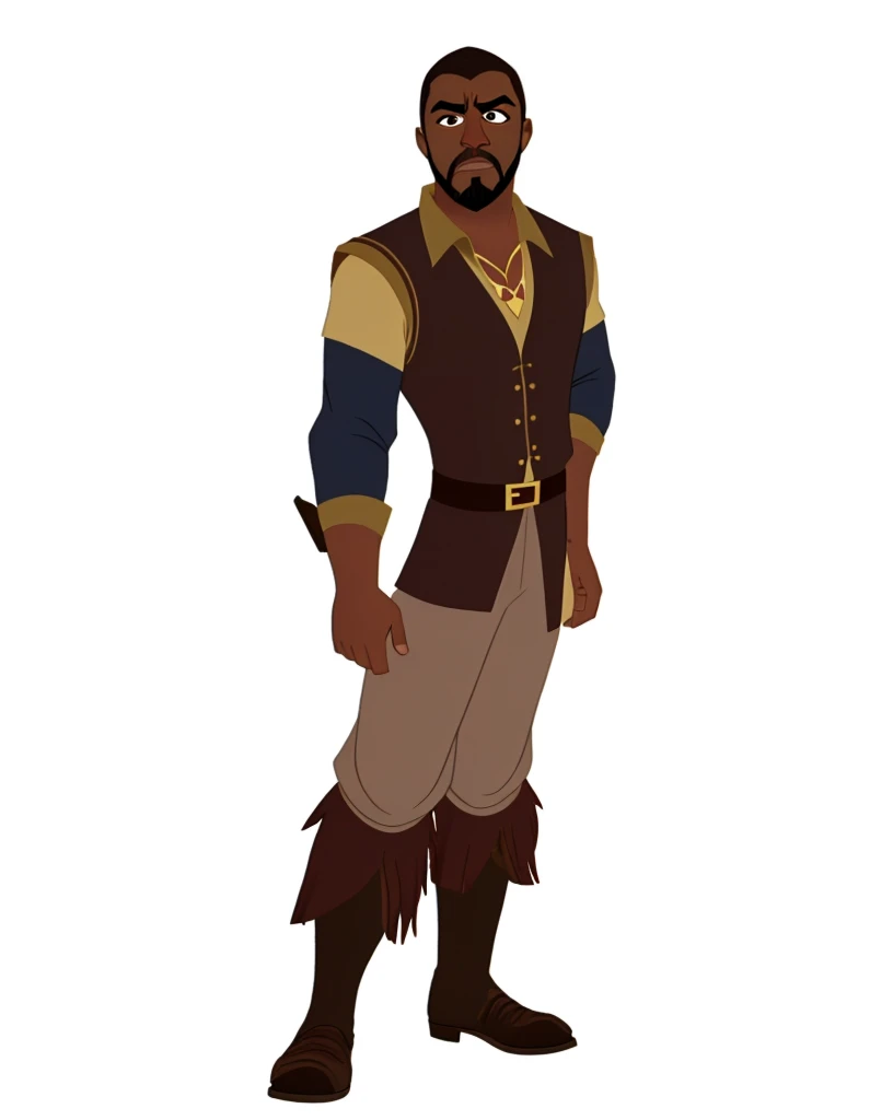 African-American, dark-skinned, low short hair, beard resemblance to Idris Elba, eyepatch.