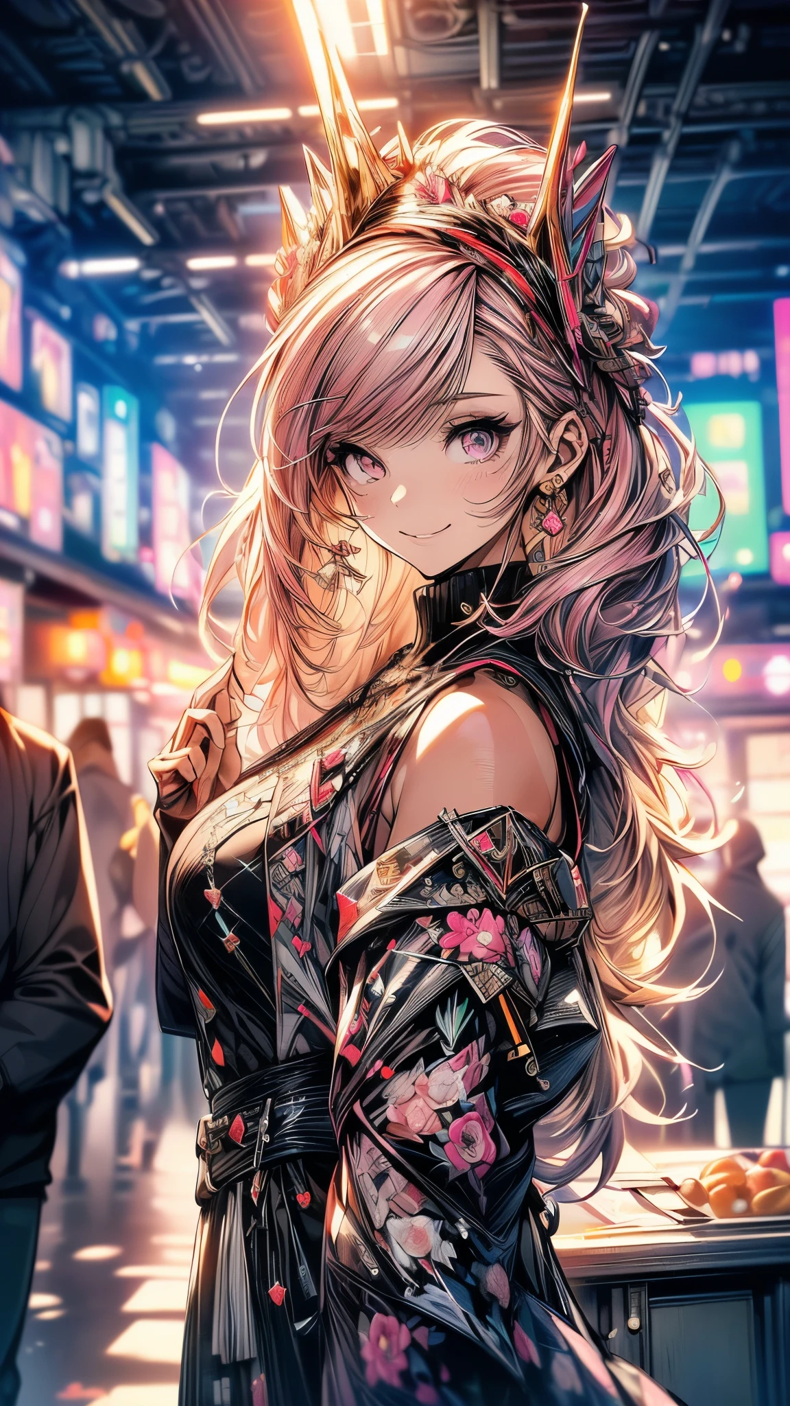 ((((masterpiece, Highest quality, Super detailed, very_expensive_solve, big_file size, Full Color)))), 1 Girl, Chemo ears, Bokeh, Clothes that show both shoulders, Oversized sweater, Pink Hair, Pink Eyes, The best smile,