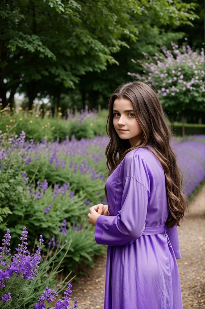 Une fille coréenne de 16 ans, loose hair, courts et violet, une robe violette et un environnement violet.