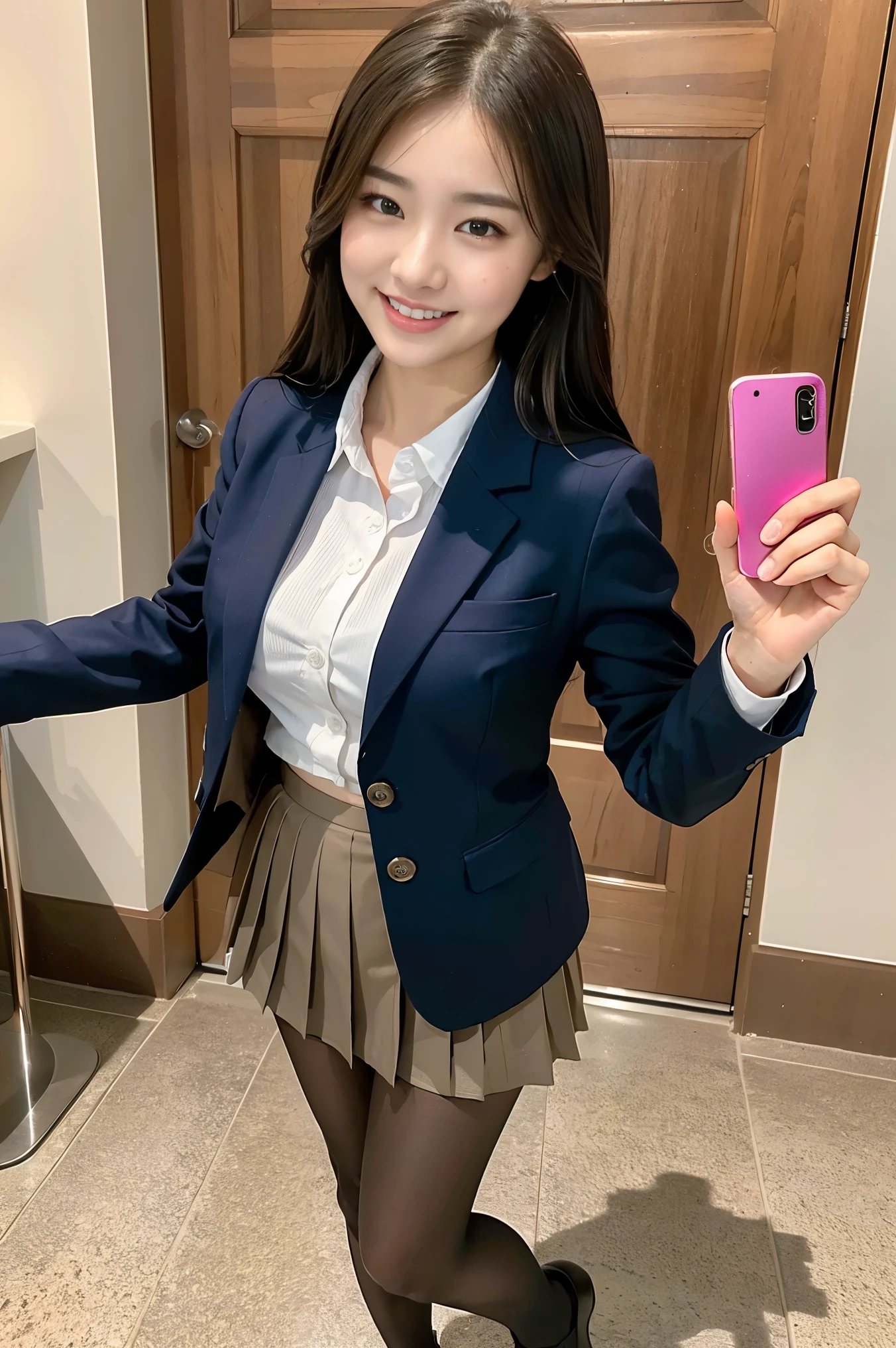 (8k), (highest quality: 1.2), (Realistic), (Realistic: 1.37), Ultra-high resolution, 1 girl, cute, smile, Mouth closed, Beautiful details, Beautiful Nose, whole body, Wet Hair, Giant Dulcefo, pork, Thighs,Selfie,Navel exposed,University Student Uniform,A simple blazer,Pleated skirt,Platform boots,Are standing, natural pantyhose
