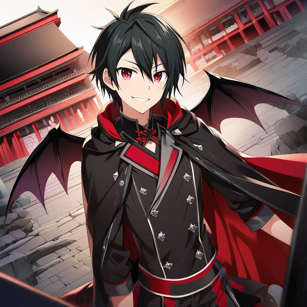 Hyakuya Yuuichiro \(AKB0048 Next Stage\), (short hair), (black hair), (ruby red eyes):1.2, black costume, smiling mischievously, cape, (demon wings), ((ultra-detailed)), ((illustration)), (neat hair)), (beautiful detailed eyes), male, 1boy, ((imperial palace)), looking at viewer