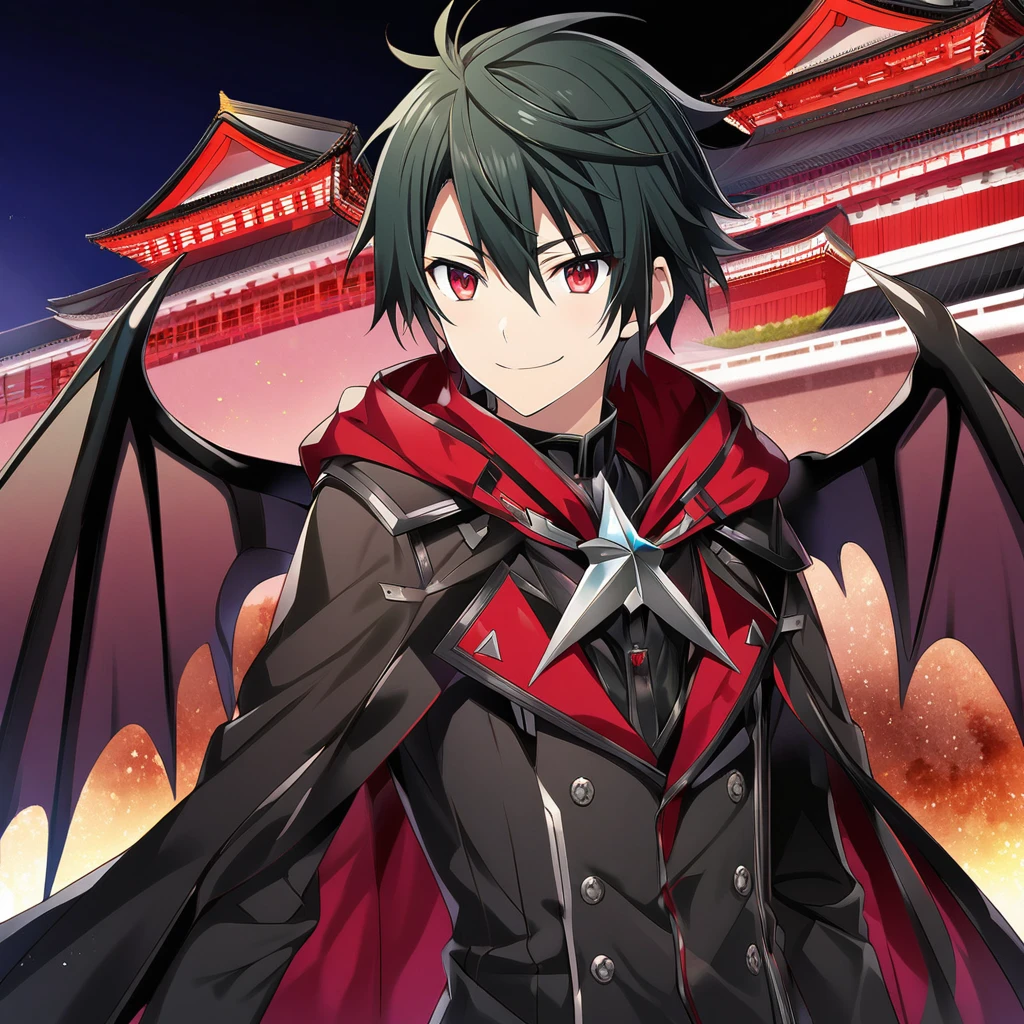 Hyakuya Yuuichiro \(AKB0048 Next Stage\), (short hair), (black hair), (ruby red eyes):1.2, black costume, smiling mischievously, cape, (demon wings), ((ultra-detailed)), ((illustration)), (neat hair)), (beautiful detailed eyes), male, 1boy, ((imperial palace)), looking at viewer