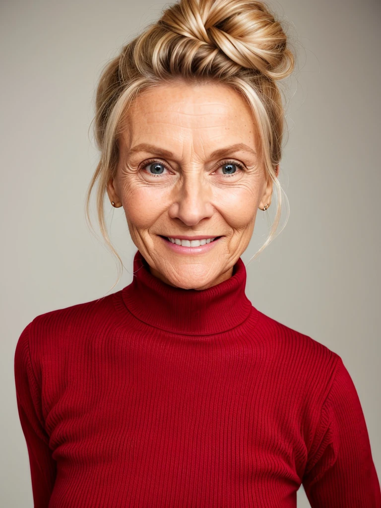 photo of a skinny very old wrinkly-faced faced mature blonde messy long hair thrown into a messy bun ponytail. She wears: (turtleneck soft high ribbed bright red super tight sweater:1.1), submissive seductive pose, high tight ribbed neck, seductive smile, perfect fake tits, horny eager granny, teasing sexy old lady