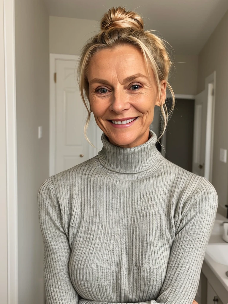 photo of a skinny very old wrinkly-faced faced mature blonde messy long hair thrown into a messy bun ponytail. She wears: (turtleneck soft high ribbed bright red super tight sweater:1.1), submissive seductive pose, high tight ribbed neck, seductive smile, perfect fake tits, horny eager granny, teasing sexy old lady