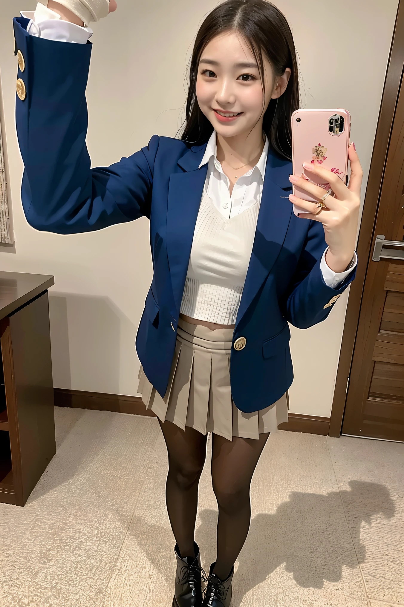 (8k), (highest quality: 1.2), (Realistic), (Realistic: 1.37), Ultra-high resolution, 1 girl, cute, smile, Mouth closed, Beautiful details, Beautiful Nose, whole body, Wet Hair, Giant Dulcefo, pork, Thighs,Selfie,Navel exposed,University Student Uniform,A simple blazer,Pleated skirt,Platform boots,Are standing, natural pantyhose