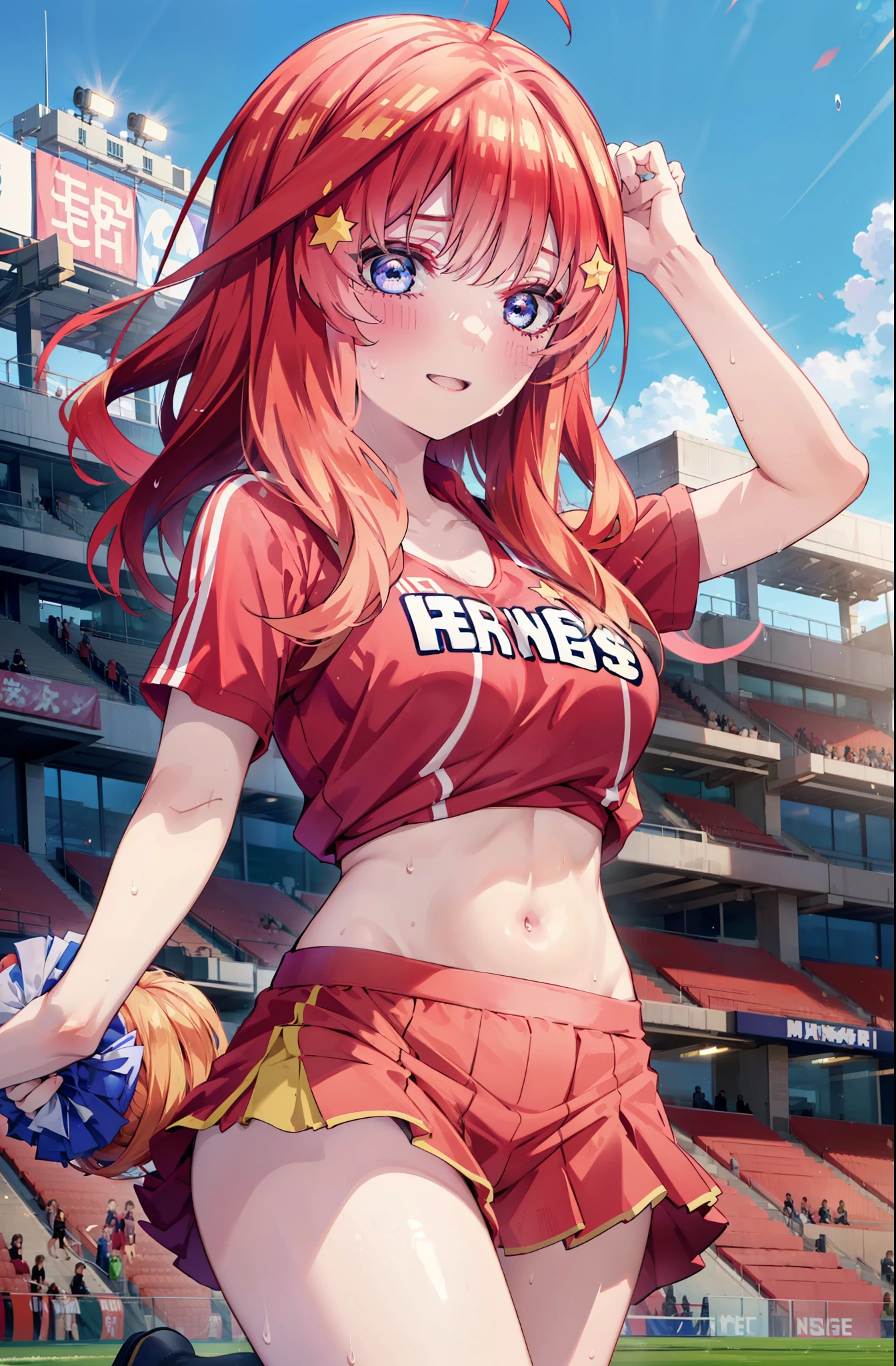 itsukinakano, Itsuki Nakano, bangs, blue eyes, hair between eyes, Ahoge, Redhead, star \(symbol\), happy smile, smile, Open your mouth,hair ornaments, star hair ornaments,(cheer leading), (whole body), Big Breasts, Lower, (Sweaty), Sweaty Wet Clothes (Red clothes), No sleeve,Belly button support, playground, (Jump), (Jump), 足を曲げてJumpする, air, blue sky, Grass原, smileのチアリーダー, Pom-pom \(cheer leading\), Grass, whole bodyがイラストに入るように,crowd, people々々,
break outdoors, Stadium,
break looking at viewer, whole body,
break (masterpiece:1.2), Highest quality, High resolution, unity 8k wallpaper, (shape:0.8), (Fine and beautiful eyes:1.6), Highly detailed face, Perfect lighting, Highly detailed CG, (Perfect hands, Perfect Anatomy),