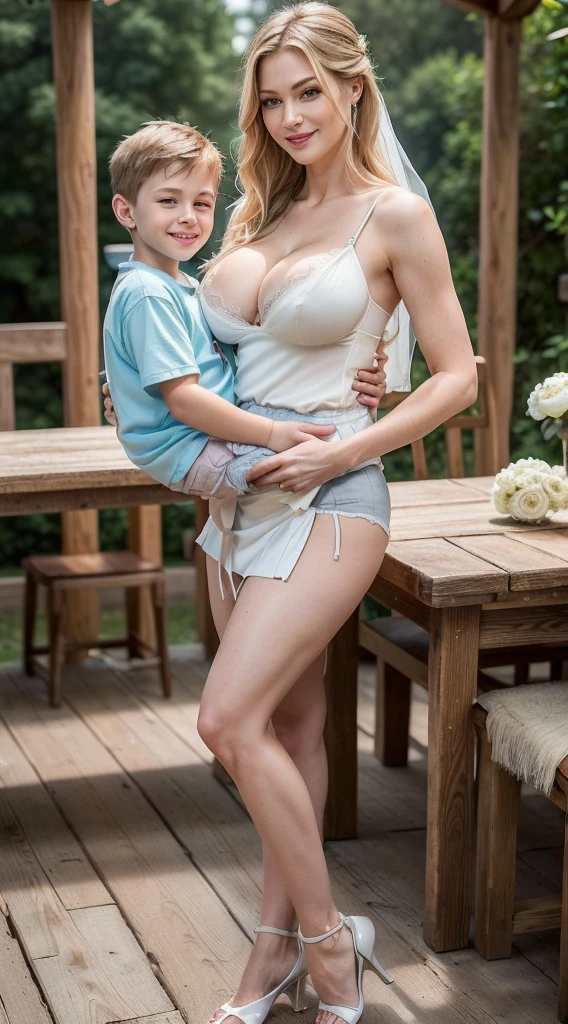 ((1 mother and 1  son as loving couple scene:1.5)), (one ultra sexual incredibly gorgeous pale Ukrainian 32 year old sexy angelic supermodel mother and sons holding each other and walking towards the camera:1.5), ((ultra short bridal miniskirt:1.5)), ((super tight skirt showing panties:1.5)), high quality fingers, normal hands, detailed fingers, Absurd resolution, ((high resolution:1.5)), (masterpiece: 1.4), super detailed, (((detailed face, detailed expression)), (realistic, photo-realistic:1.37), (full body:1.5), (masterpiece), best quality, ultra beautiful woman, slender legs, sexy slender legs,  large FF cupped breasts, ultra deep cleavage:1.5, thin waist, blonde hair, bright blue eyes, cute round ass, with a fun quirky smile, unbuttoned blouse, (cleavage in V:1.3), outdoor family wedding setting , view from the front