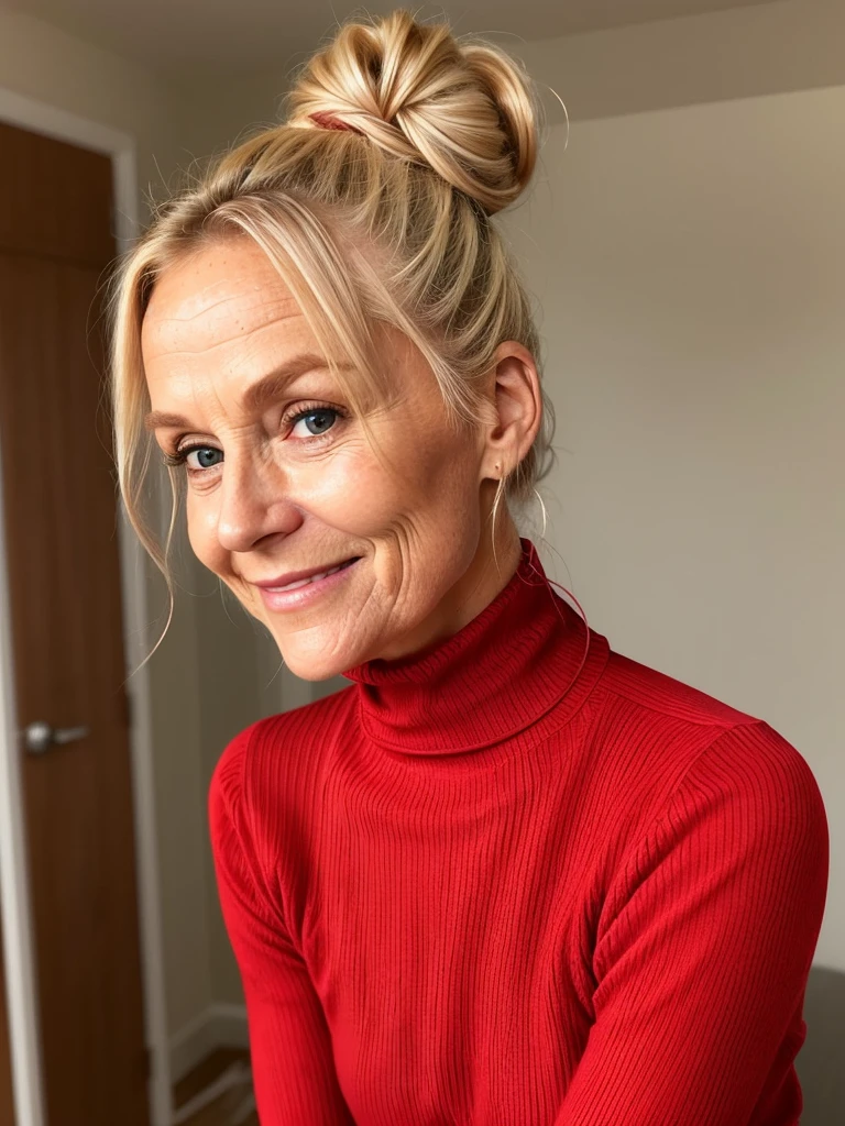 photo of a skinny very old wrinkly-faced faced mature blonde messy long hair thrown into a messy bun ponytail. She wears: (turtleneck soft high ribbed bright red super tight sweater:1.1), submissive seductive pose, high tight ribbed neck, seductive smile, perfect fake tits, horny eager granny, teasing sexy old lady