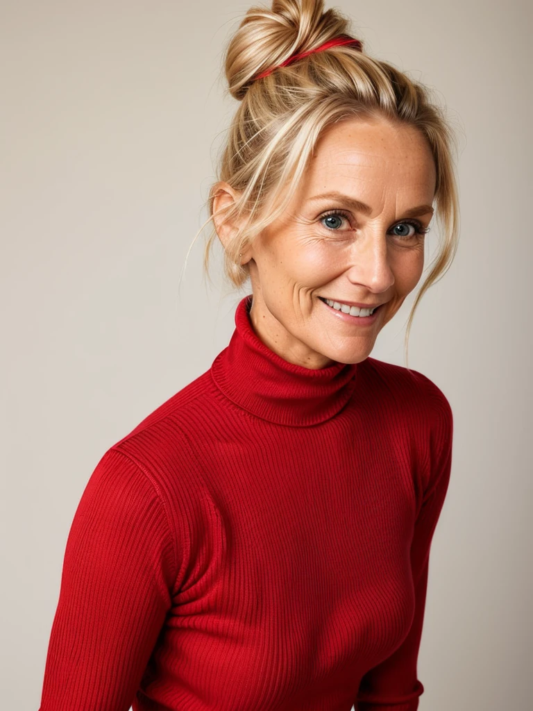 photo of a skinny very old wrinkly-faced faced mature blonde messy long hair thrown into a messy bun ponytail. She wears: (turtleneck soft high ribbed bright red super tight sweater:1.1), submissive seductive pose, high tight ribbed neck, seductive smile, perfect fake tits, horny eager granny, teasing sexy old lady