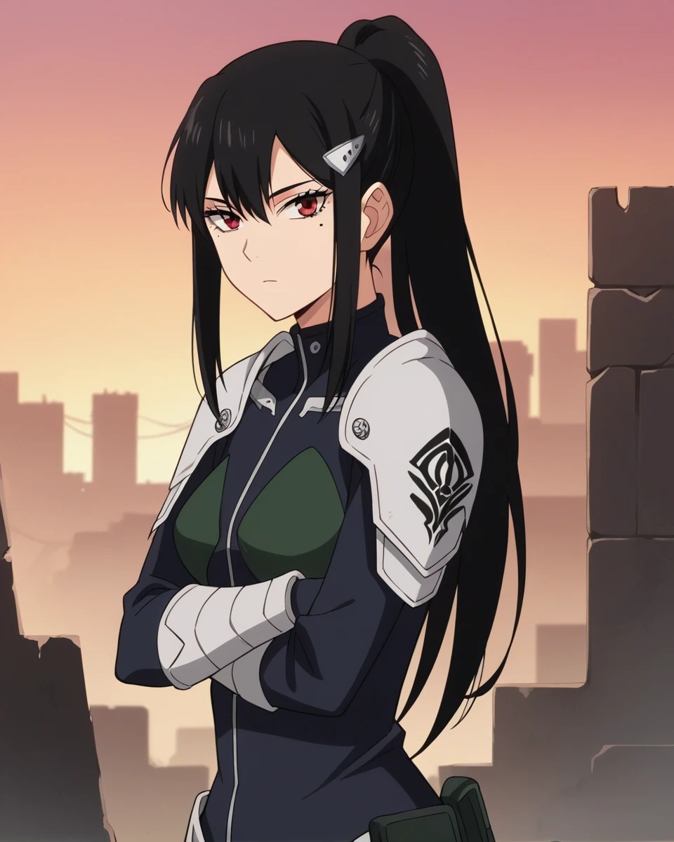 , score_9, score_8_up, score_7_up, score_6_up, score_5_up, score_4_up, source_anime, masterpiece , anime screencap,  absurdres, minaashiro, black hair, ponytail, long hair, hair ornament, mole under eye, mole, red eyes bodysuit, armor, wide_hips upper body, destroyed_city ruins, looking at viewer, expressionless, crossed arms, from side,