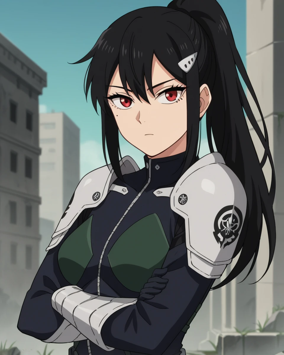 , score_9, score_8_up, score_7_up, score_6_up, score_5_up, score_4_up, source_anime, masterpiece , anime screencap,  absurdres, minaashiro, black hair, ponytail, long hair, hair ornament, mole under eye, mole, red eyes bodysuit, armor, wide_hips upper body, destroyed_city ruins, looking at viewer, expressionless, crossed arms, from side,