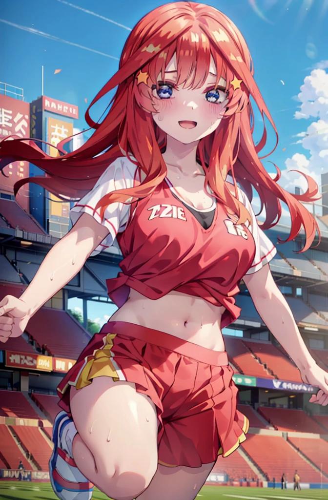 itsukinakano, Itsuki Nakano, bangs, blue eyes, hair between eyes, Ahoge, Redhead, star \(symbol\), happy smile, smile, Open your mouth,hair ornaments, star hair ornaments,(cheer leading), (whole body), Big Breasts, Lower, (Sweaty), Sweaty Wet Clothes (Red clothes), No sleeve,Belly button support, playground, (Jump), (Jump), 足を曲げてJumpする, air, blue sky, Grass原, smileのチアリーダー, Pom-pom \(cheer leading\), Grass, whole bodyがイラストに入るように,
break outdoors, Stadium,
break looking at viewer, whole body,
break (masterpiece:1.2), Highest quality, High resolution, unity 8k wallpaper, (shape:0.8), (Fine and beautiful eyes:1.6), Highly detailed face, Perfect lighting, Highly detailed CG, (Perfect hands, Perfect Anatomy),
