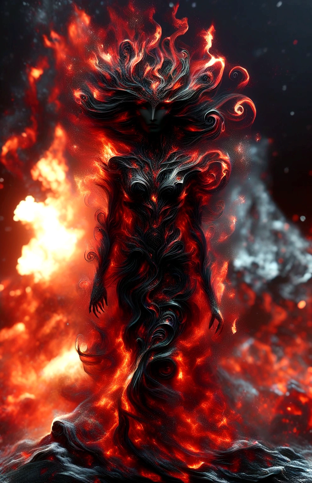 a close up of a statue of a woman with red hair, woman made of black flames, appears as the fire goddess, her body made of flames, lava and fire goddess, 😱 chaos · nightmare resin, unreal engine render + a goddess, resin statue, goddess of the underworld, flames surround her, flame conjuring armored, beautiful elegant demon queen, the fire queen