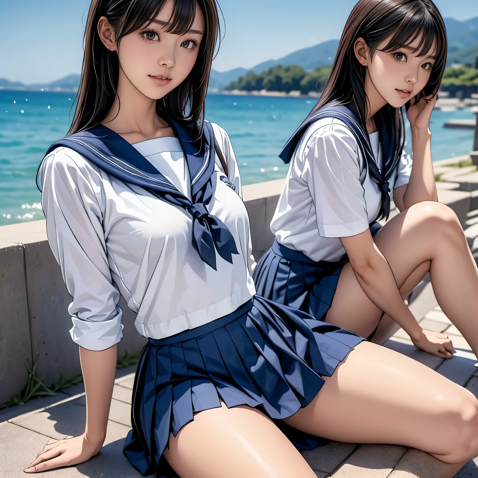 (masterpiece, Highest quality:1.2), Browsing Caution, ((4 Japanese women:1.4)) ,、 Idol Style, ((White shirt, Sailor , Navy pleated mini skirt:1.2)),Carry a school backpack, ((Lying on the embankment)), Black Hair, Slender and beautiful figure、Small and beautiful breasts, Beautiful legs, (Beautiful blue sky and summer sea), smile, 8k,(Variety of faces and hairstyles:1.3)、Ultra-Realistic Images,