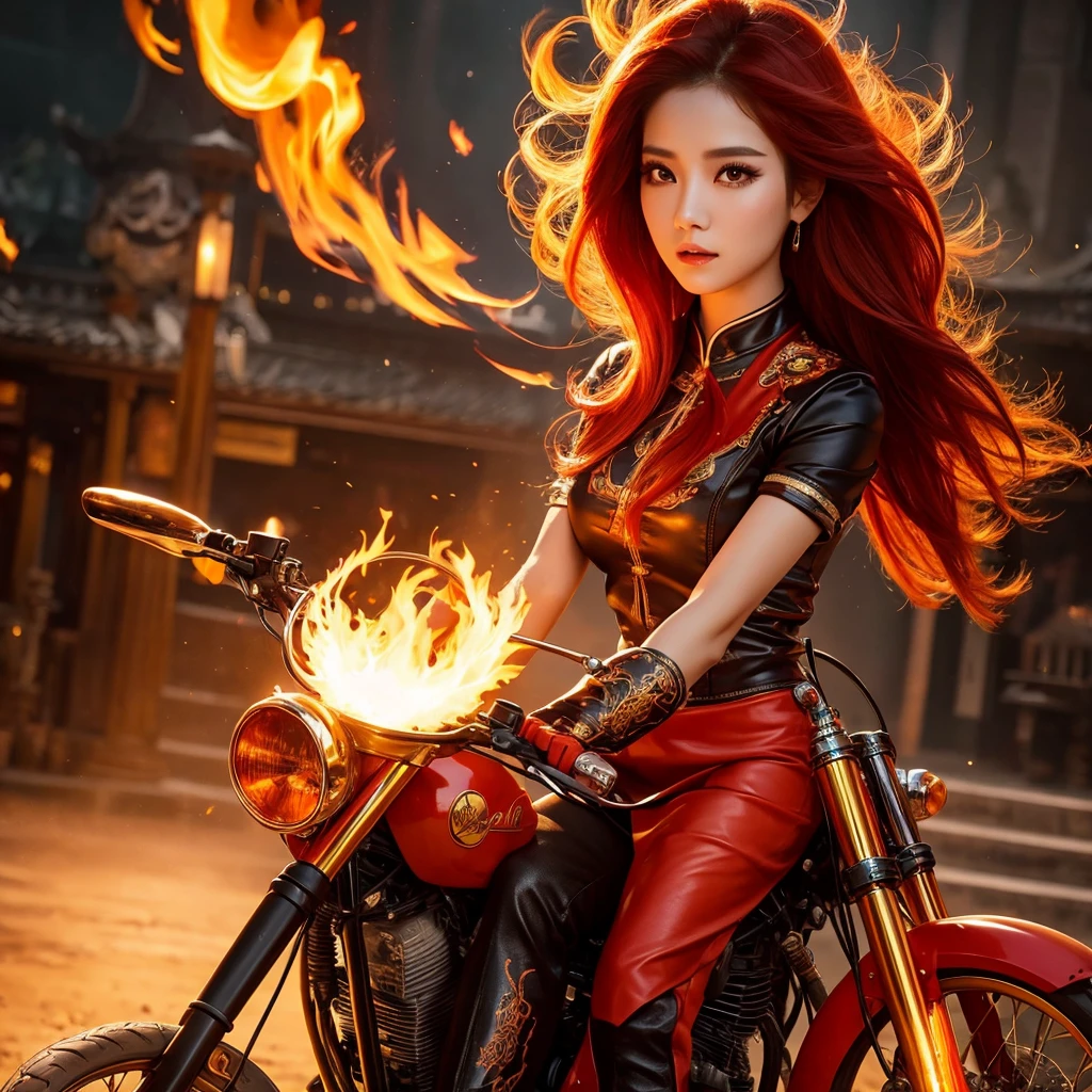 a beautiful chinese girl, floating fiery hair, riding chopper motorcycle, emitting sacred flame, detailed realistic face, beautiful eyes, long eyelashes, detailed lips, detailed skin, detailed outfit, detailed motorcycle, dramatic lighting, cinematic composition, 8k, high quality, photorealistic, hyper detailed, vibrant colors, fantasy, mystical, magical realism