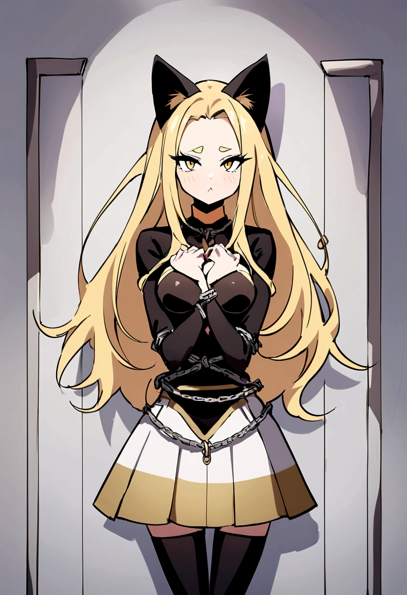 girl anime style short white and gold skirt seductive pose medium sized breasts blonde long hair flushed cheeks cat ears hands chained to a wall picture from the front