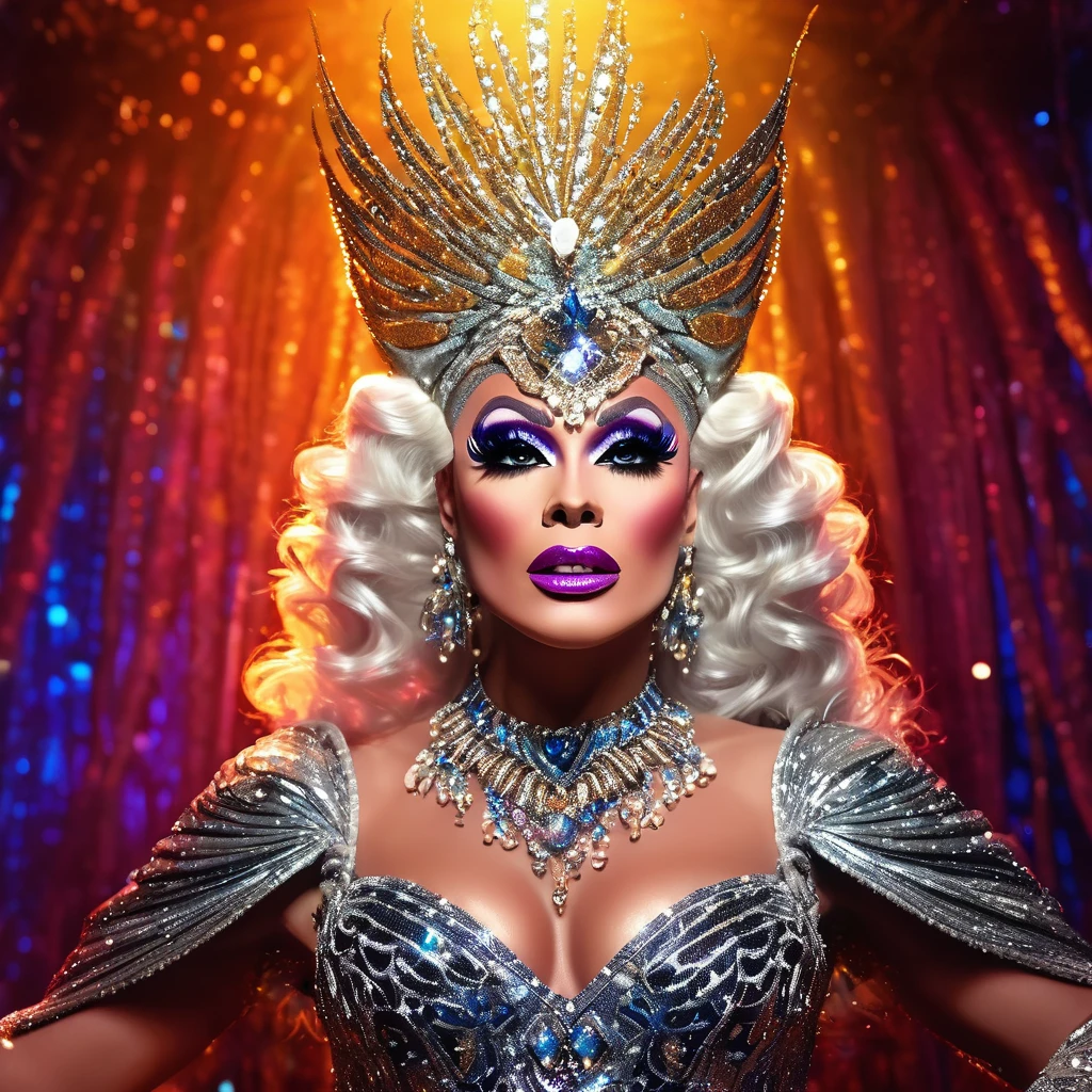 a drag queen performing magical fantasy, detailed face, ornate headdress, glittering makeup, dramatic costume, extravagant jewelry, ethereal lighting, surreal background, cinematic composition, (best quality,8k,highres,masterpiece:1.2),ultra-detailed,(realistic,photorealistic,photo-realistic:1.37),intricate details,vibrant colors,dramatic shadows,magical atmosphere