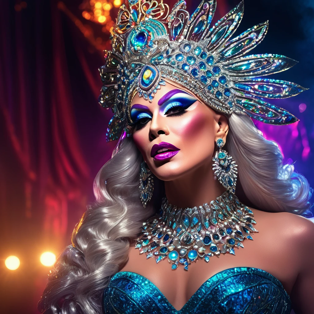 a drag queen performing magical fantasy, detailed face, ornate headdress, glittering makeup, dramatic costume, extravagant jewelry, ethereal lighting, surreal background, cinematic composition, (best quality,8k,highres,masterpiece:1.2),ultra-detailed,(realistic,photorealistic,photo-realistic:1.37),intricate details,vibrant colors,dramatic shadows,magical atmosphere