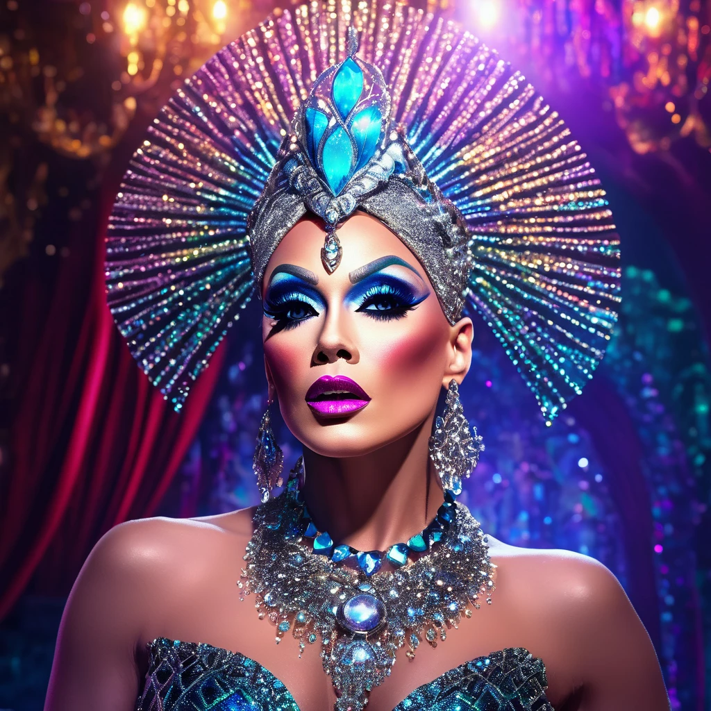 a drag queen performing magical fantasy, detailed face, ornate headdress, glittering makeup, dramatic costume, extravagant jewelry, ethereal lighting, surreal background, cinematic composition, (best quality,8k,highres,masterpiece:1.2),ultra-detailed,(realistic,photorealistic,photo-realistic:1.37),intricate details,vibrant colors,dramatic shadows,magical atmosphere