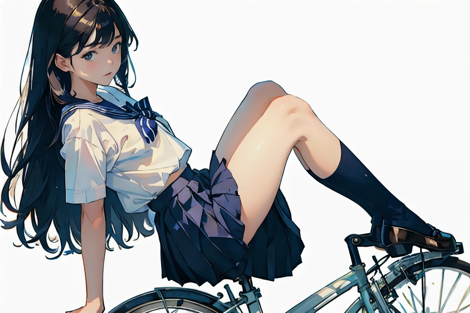 (masterpiece, highest quality:1.2), 1girl, riding a bicycle, foot stab, solo, whole body, semi-long hair, Sailor uniform, (long pleated skirt:1.4), (No background)、White Background、Blwholeur the background、Watercolor of singer Sargent、Impressionist style painting、