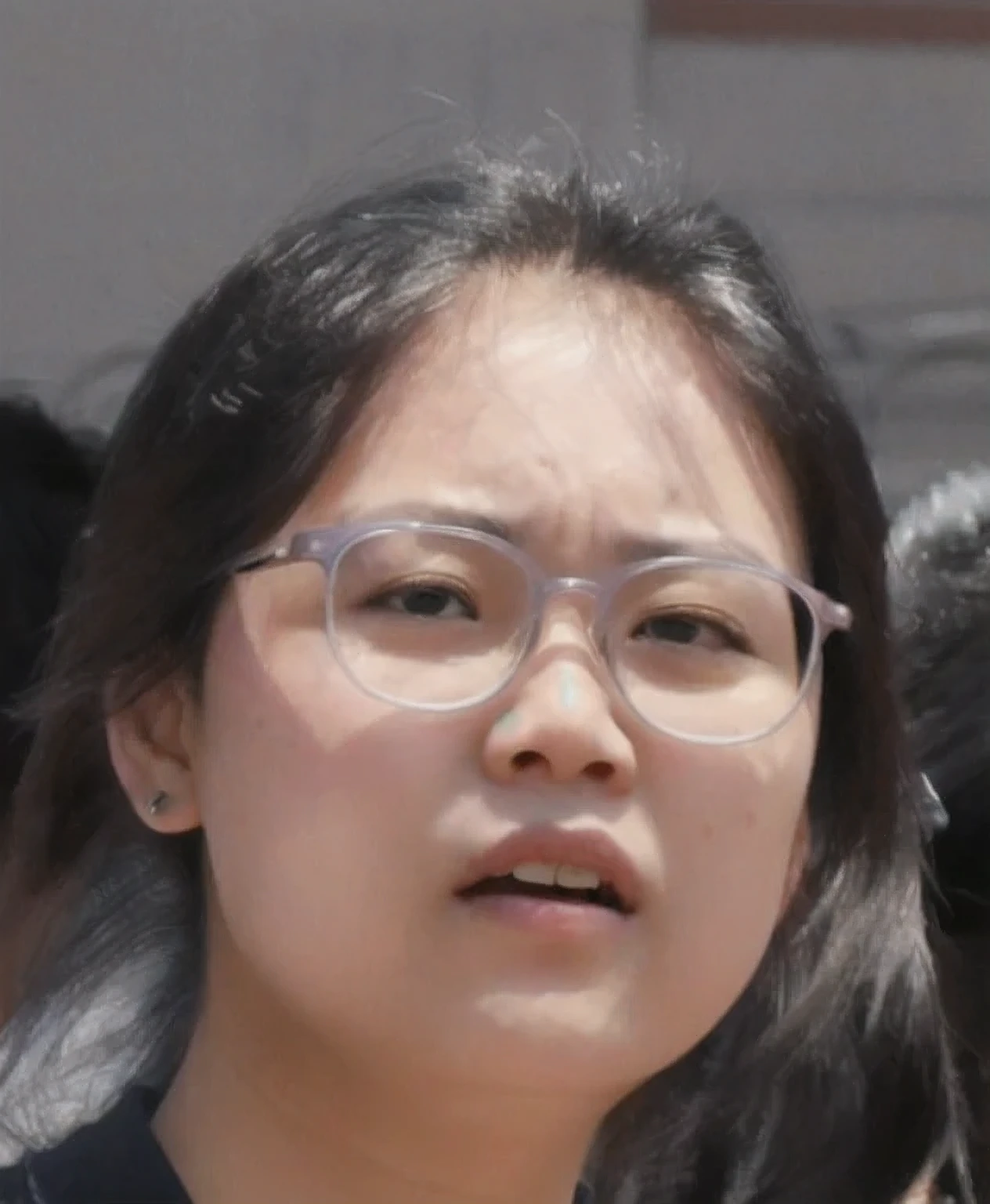 there is a woman with glasses standing in front of a crowd, she has a distant expression, li zixin, a young asian woman, jaeyeon nam, spectacled, looking confused, gongbi, closeup on face, asian female, closeup face, looking left, confused facial expression, asian face, concerned expression, xintong chen, pengzhen zhang