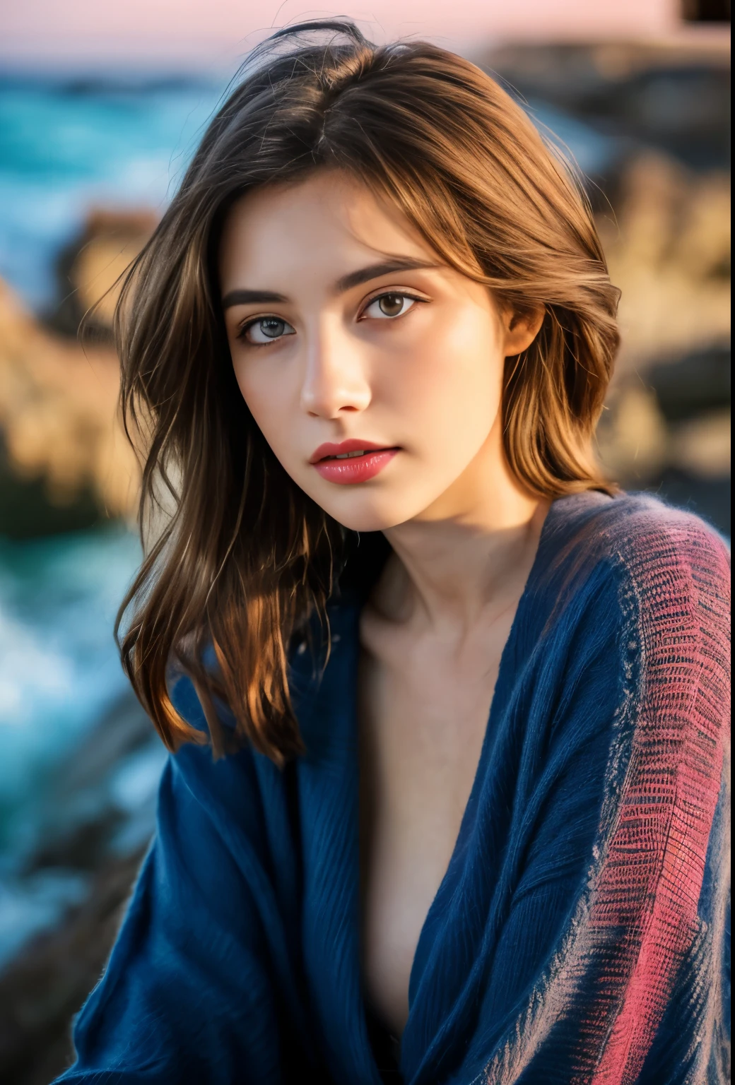 (best quality,4k,8k,highres,masterpiece:1.2),ultra-detailed,(Ultra-realistic, photorealistic,photo-realistic:1.37), 1 beautiful young Japanese Italian half model, yo, She's posing in a way that emphasizes her breasts, seductive pose, (sitting on coral coast in Australia:1.5), detailed eyes, high nose, blue eyes, delicate facial features, long eyelashes, peaceful expression, colorful dress, detailed folds and textures, Sparkling Waves, warm vibrant colors, cinematic lighting, 8k, high quality, photorealistic, studio lighting, detailed texture, vivid colors, toned body, detailed moist skin texture,