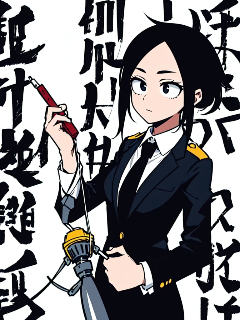 Mha . Girl , wearing black suit and tie ,  White background
Solo . 