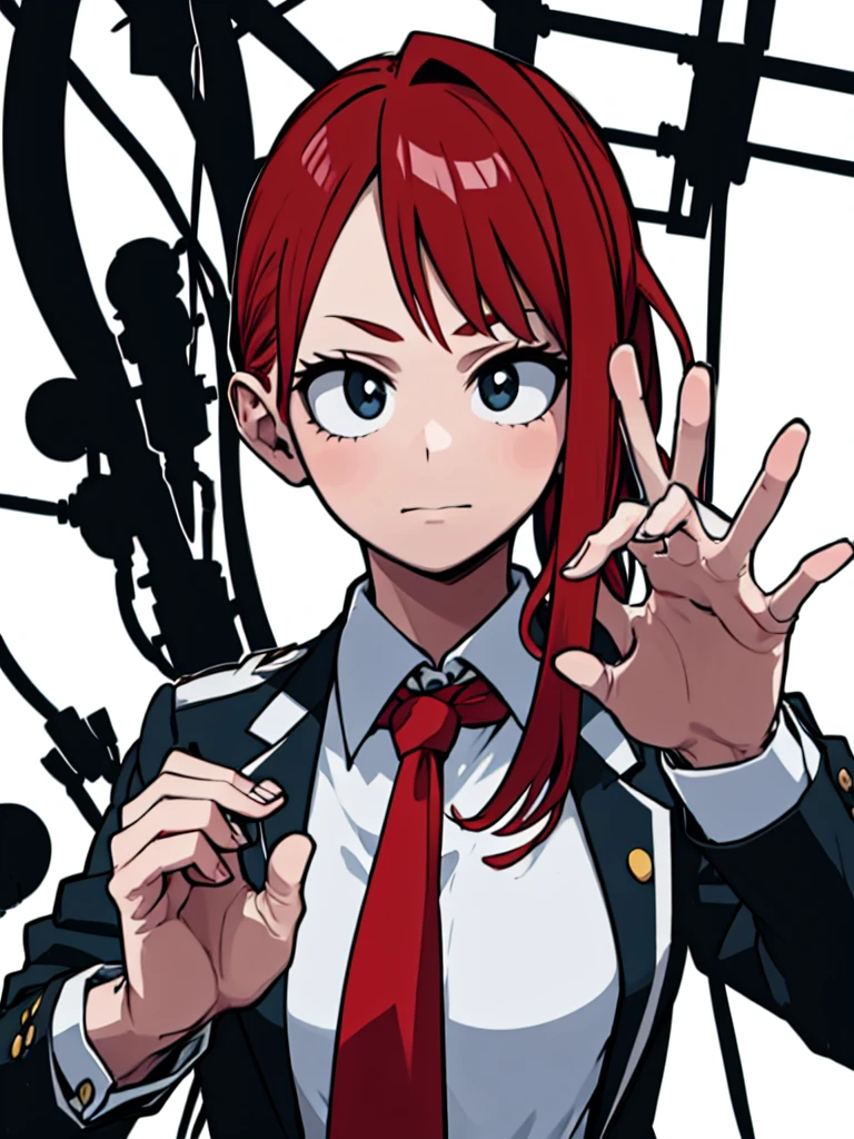 Mha . Girl , wearing black suit and tie ,  White background
Solo . 