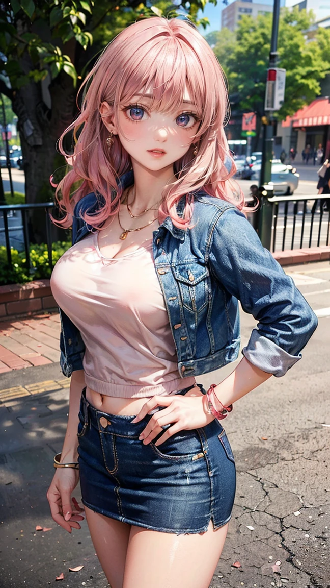 (Masterpiece, BestQuality:1.3), (ultra detailed:1.2), (hyperrealistic:1.3), (RAW photo:1.2), High detail RAW color photo, professional photograph, (Photorealistic:1.4), (realistic:1.4), professional lighting, perfect anatomy, (Big Breasts:1.2), (blush, detailed face), (cheerful Smile:1.5), Trending Hair&Trending Hairカラーをランダムに, earrings, necklace, bracelet, sexy, erotic sexy, Random sexy gravure poses, (Beautiful woman wearing casual denim jacket and skirt。The background is a park。The expression is a smile。Her hair is long and wavy, with pink hair.。The pose is with one hand on the hip。:1.3)