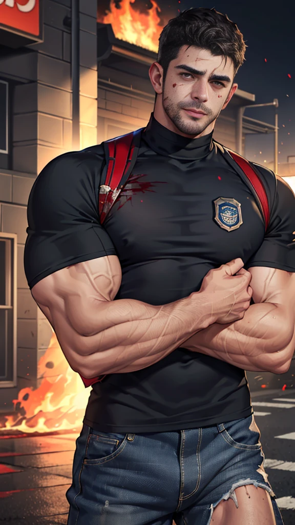 (Create a masterpiece: 1.2),(CGI art:1.3),(realistic:1.5),(After processing:1.3),(Sharp focus:1.3),1 man ,sunglass, straight, front ,Chris Redfield ,(black hair), smile open mouth, (Wear color navy blue round neck T-shirt with a Police badge: 1.2),Navy blue jeans, (wound: 1.1) , (blood splatters) ,( abrasions on face: 1.3), (Blood stains on the face and body: 1.3), Korean guy , korean men, (High gloss details), chest muscles, large arm muscles, blood vessel, Big muscles, Broad shoulders, looking at the audience, Balancing the eyes, middle of the road , (Carrying a black backpack: 1.3) ,(Fire blazes behind)