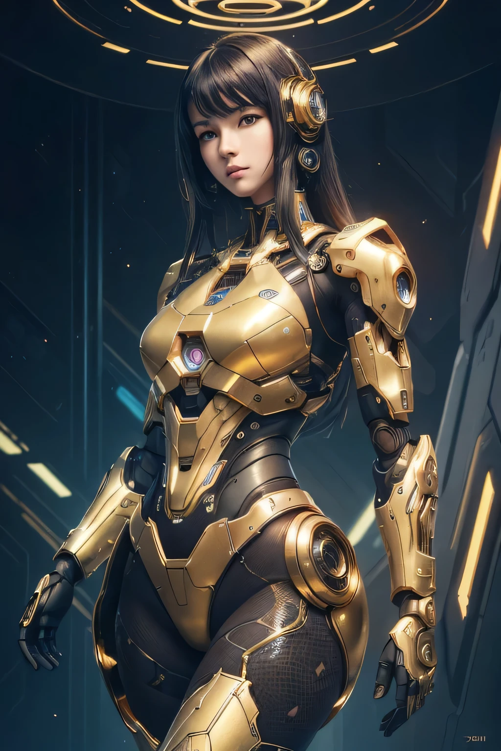 (Best Quality, 4K, 8K, High Resolution, Masterpiece: 1.2), (Super Detailed, Realistic, Photorealistic:1.37), A woman in futuristic clothing, (She is a futuristic Ninja:1.4), Trending on cgstation, Trending on cgstation, (Portrait of a girl in the Knights of the Zodiac:1.4), blunt bangs, Cute Cyborg Girl, Perfect android girl, Portrait Astronaut Girl, Beautiful girl cyborg, Girl wearing black blue black mechanical cyber armor, Game CG, cgsociety and fenghua zhong, Beautiful Cyborg Shrine Maiden, Bioluminescence, Yua, (Golden eyes:1.5), Anatomically correct grip, an assault rifle,  (Sharp and long claws:1.4)