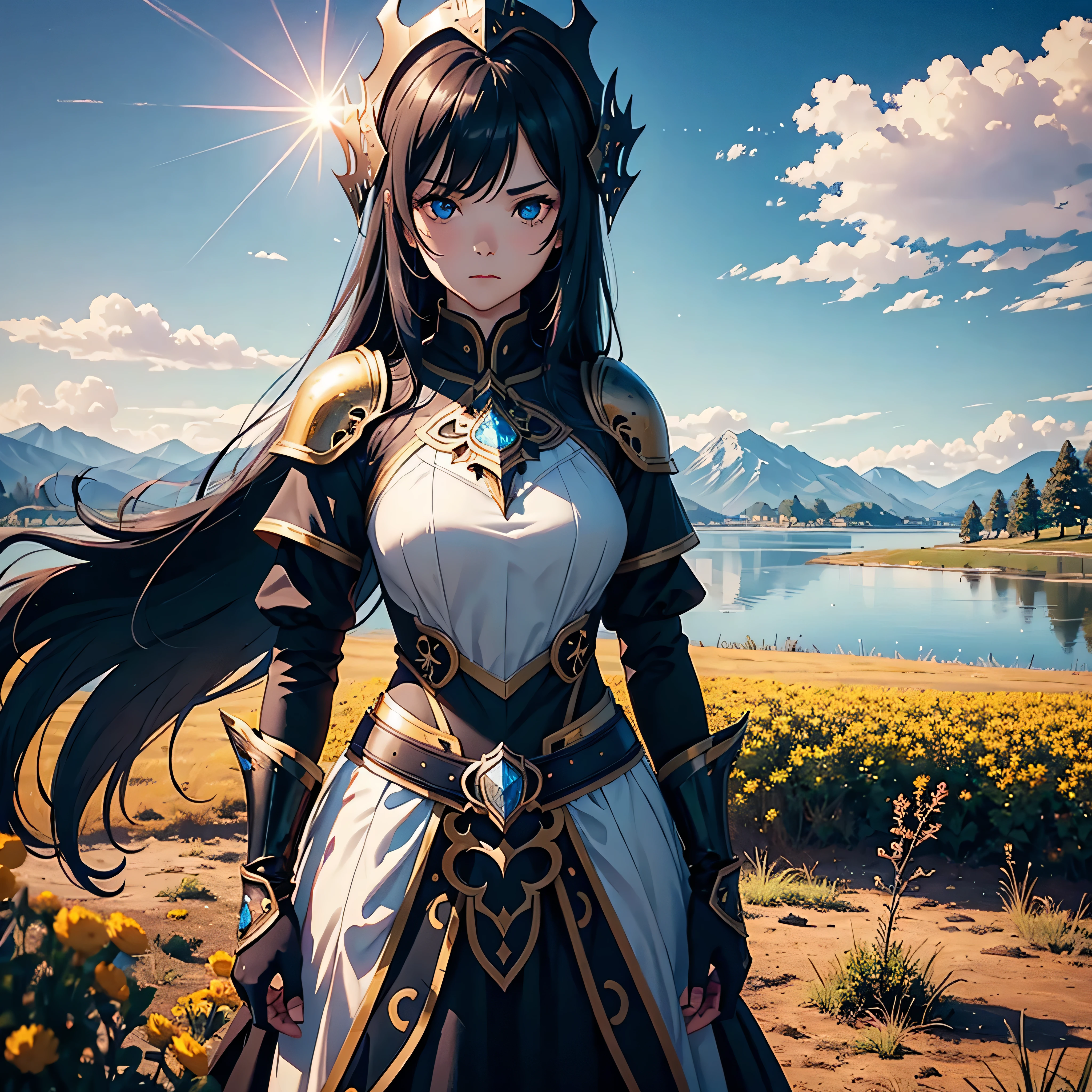 1 girl, serene expression, mesmerizing eyes, wearing black full black knight armor and full-face knight helmet, wearing knight face mask, standing in the middle of a vast flower field, angry face, black hair, blue eyes, poised posture, porcelain skin, subtle blush, crystal pendant BREAK golden hour, (rim lighting):1.2, warm tones, sun flare, soft shadows, vibrant colors, painterly effect, dreamy atmosphere BREAK scenic lake, distant mountains, willow tree, calm water, reflection, sunlit clouds, peaceful ambiance, idyllic sunset, ultra detailed, official art, unity 8k wallpaper , zentangle, mandala, angry face