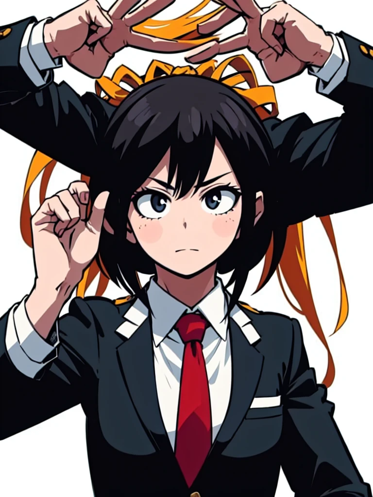 Mha . Girl , wearing black suit and tie ,  White background
Solo . 