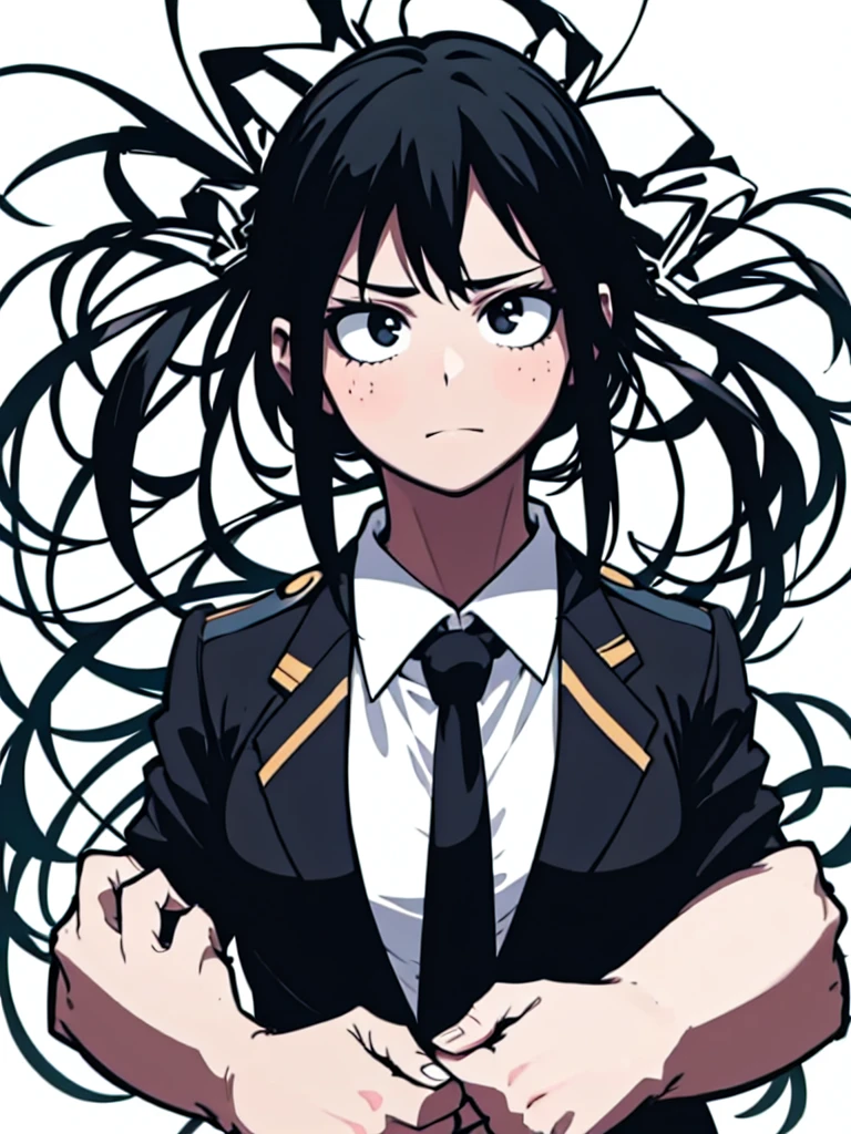 Mha . Girl , wearing black suit and tie , White background
Solo .